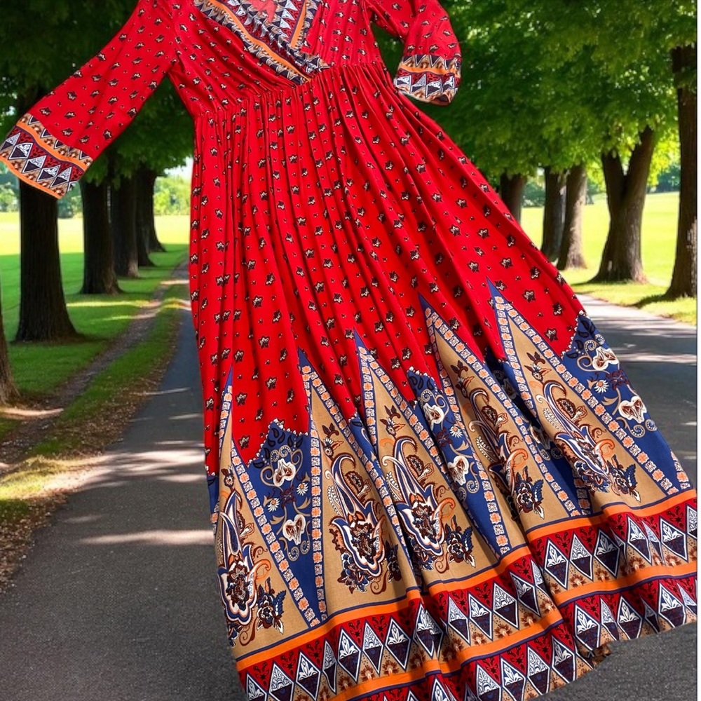 NWOT Vibrant Red and Blue Cotton Blend Maxi Dress size Small - Picture 3 of 16